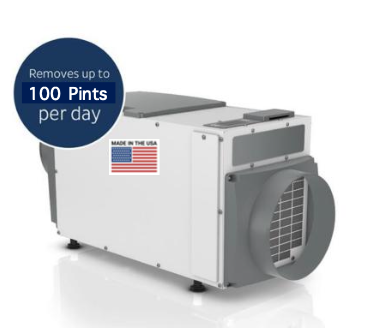 Industrial white dehumidifier with a large front fan; blue badge reads 'Removes up to 100 pints per day' and a USA-made label is visible on the side.